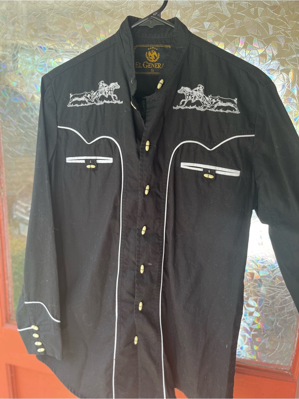 El General Black Western Button-Down Shirt with White Embroidery